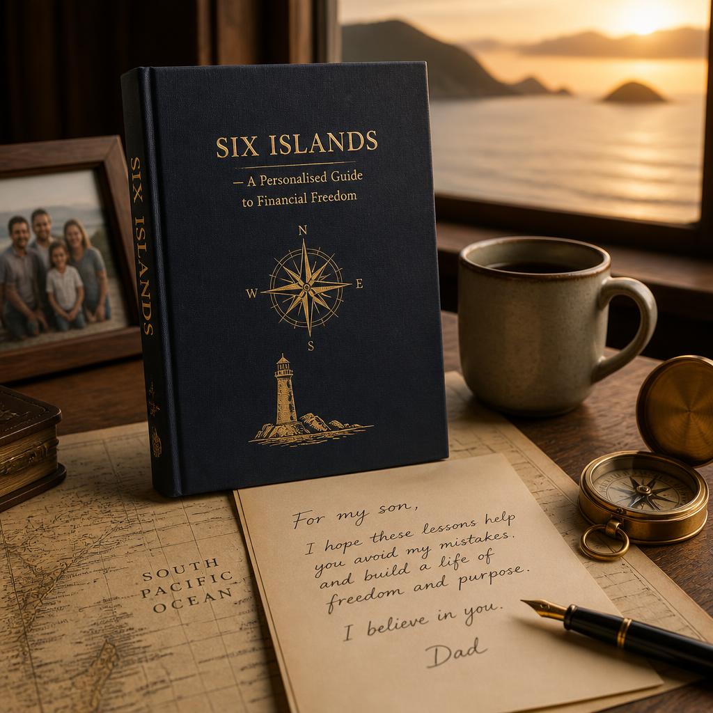A Six Islands hardcover book on a timber desk at sunrise — beside a handwritten letter to a son, a fountain pen, brass compass, coffee, a framed family photo and a nautical chart.